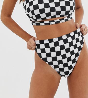 Wolf & Whistle Eco Exclusive Checkers High Leg Bikini Bottom In Black And White - Black