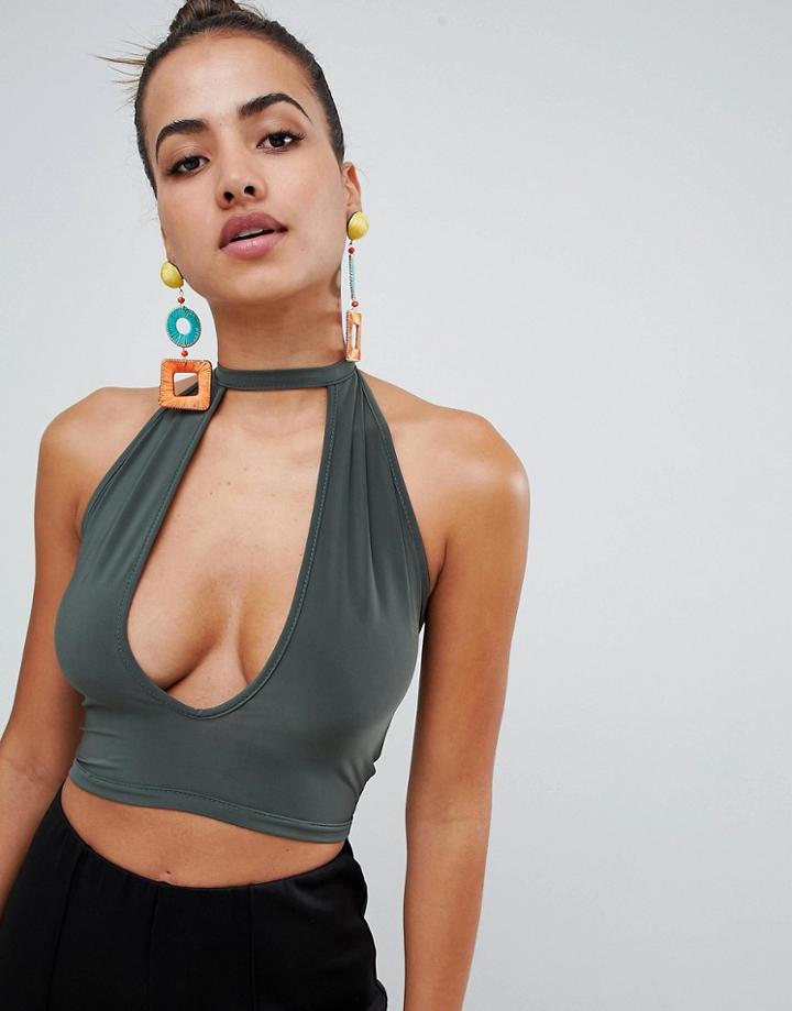 Prettylittlething Slinky Tie Neck Plunge Crop Top - Green
