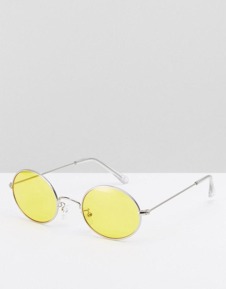 Asos Oval Sunglasses In Silver With Yellow Lens - Yellow