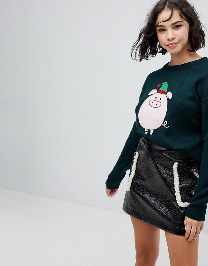 Brave Soul Piggie Holidays Sweater - Green