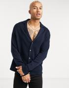 Asos Design Cotton Oversized Camp Collar Knitted Shirt In Navy