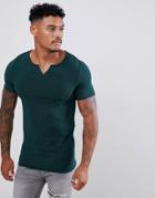 Asos Design Muscle Fit Raw Notch Neck T-shirt With Stretch In Green - Green