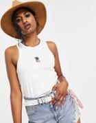 Asos Design Ribbed Tank Top With Cowboy Embroidery In Ecru-white