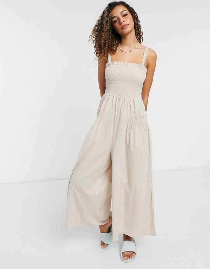 Asos Design Shirred Elastic Back Jumpsuit In Stone-white
