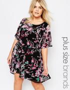 Yumi Plus Belted Dress With Drop Hem In Blossom Print - Black