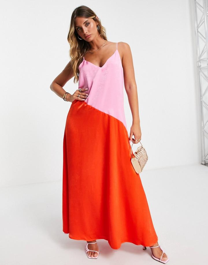 Vila Matt Satin Cami Maxi Dress In Bright Pink And Red-multi