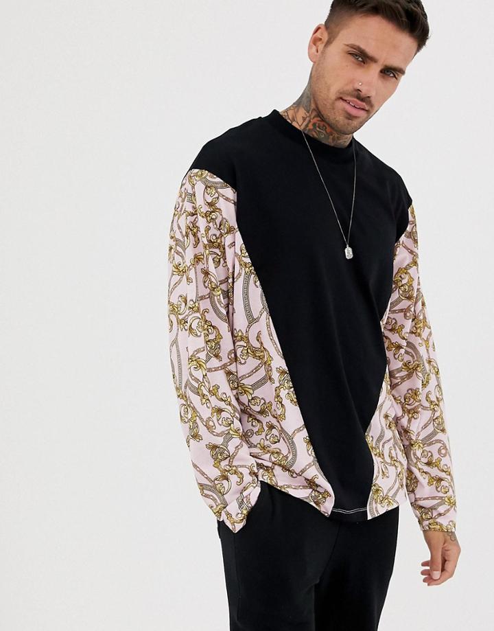Asos Design Oversized Long Sleeve T-shirt With Pink Chain Panels - Black