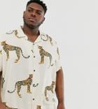 Asos Design Plus Relaxed Fit Shirt In Ecru With Cheetah Print-beige