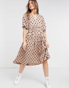 Asos Design Midi Smock Dress With Wrap Top In Mocha And Black Dots-neutral