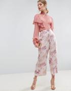 Asos Floral Print Cropped Wide Leg Pants With Popper Detail - Multi