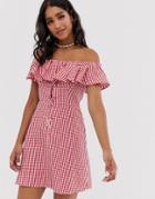 Asos Design Off Shoulder Mini Sundress With Frill In Gingham-multi