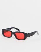 Asos Design Recycled Mid Rectangle Sunglasses With Red Lens In Black