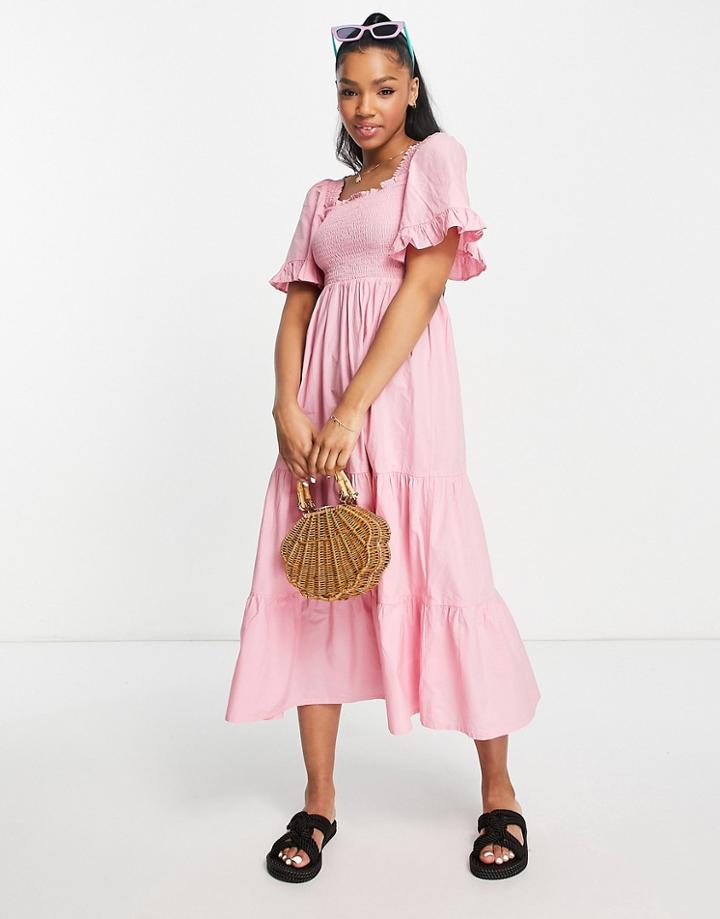 Monki Shirred Tiered Midi Dress In Pink