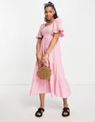 Monki Shirred Tiered Midi Dress In Pink