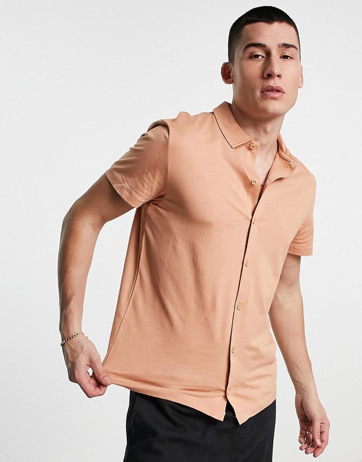 Asos Design Button Through Jersey Shirt In Tan-neutral