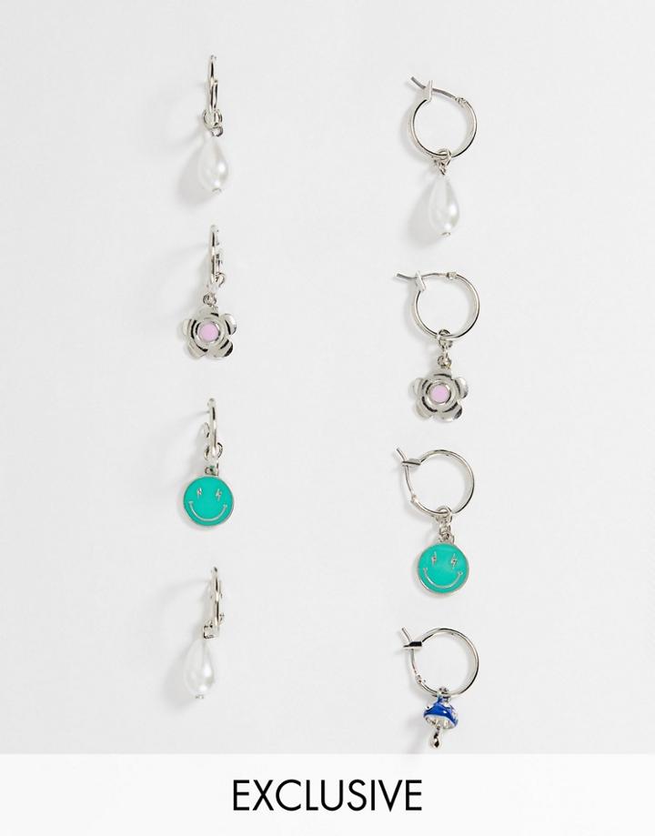 Reclaimed Vintage Inspired Earrings With Happy Face And Mushroom Charms In Silver 4 Pack-multi