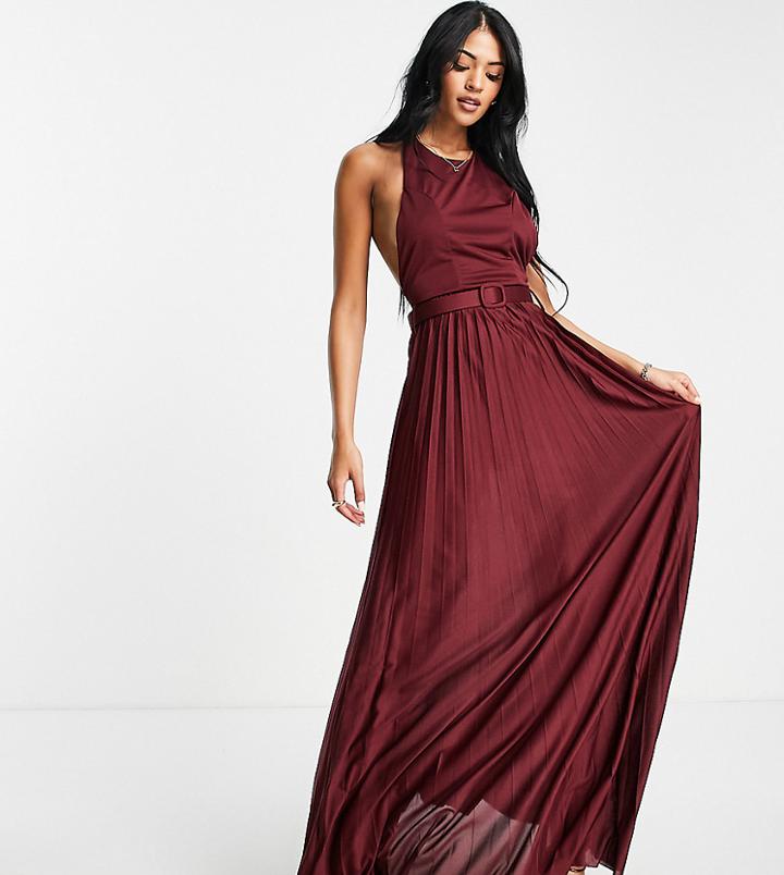 Asos Design Tall Halter Belted Pleated Maxi Dress In Oxblood-red