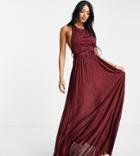 Asos Design Tall Halter Belted Pleated Maxi Dress In Oxblood-red