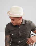 Asos Design Straw Hat With Pinched Crown And Pink Band - Beige