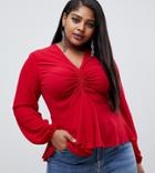 Boohoo Plus Smock Sleeve Ruched Blouse In Red - Red