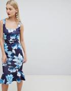 Lipsy Square Neck Belted Bodycon Floral Dress - Navy