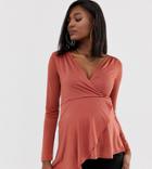 Asos Design Maternity Wrap Top With Asymmetric Hem In Slinky Fabric-orange