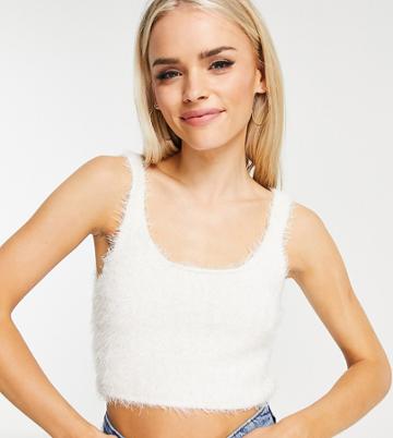 Threadbare Petite Carly Eyelash Knit Crop Top In Off White