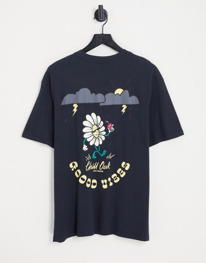 Only & Sons Oversized T-shirt With Good Vibes Back Print In Navy