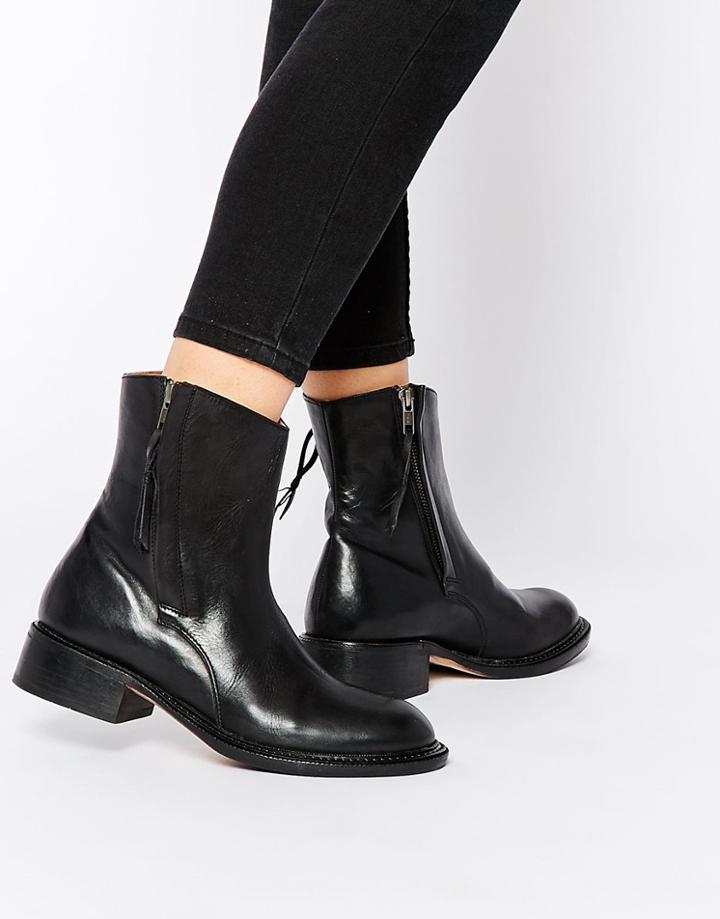 H By Hudson Alleline Black Leather Zip Ankle Boots - Black
