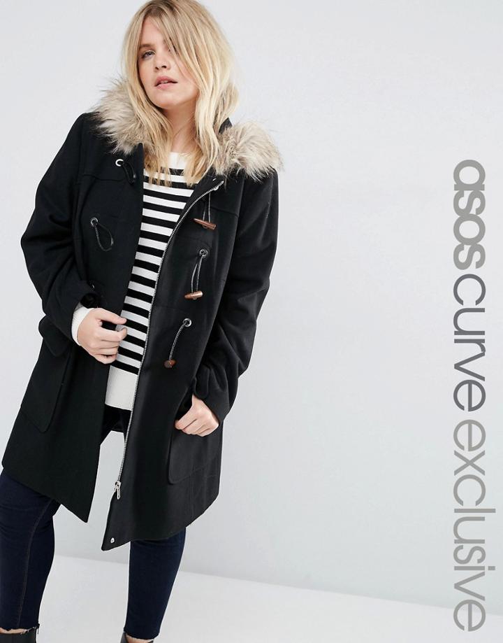 Asos Curve Wool Blend Faux Fur Hooded Duffle Coat - Black