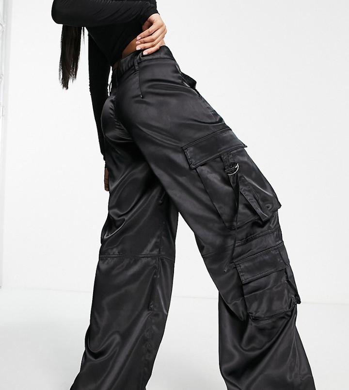 Bershka Petite Satin Cargo Pocket Detail Pants In Black