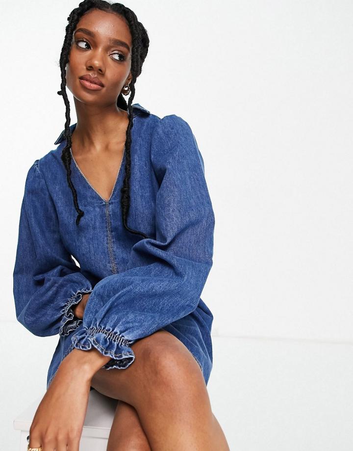 Lost Ink A-line Dress With Collar And Balloon Sleeves In Vintage Denim-blues