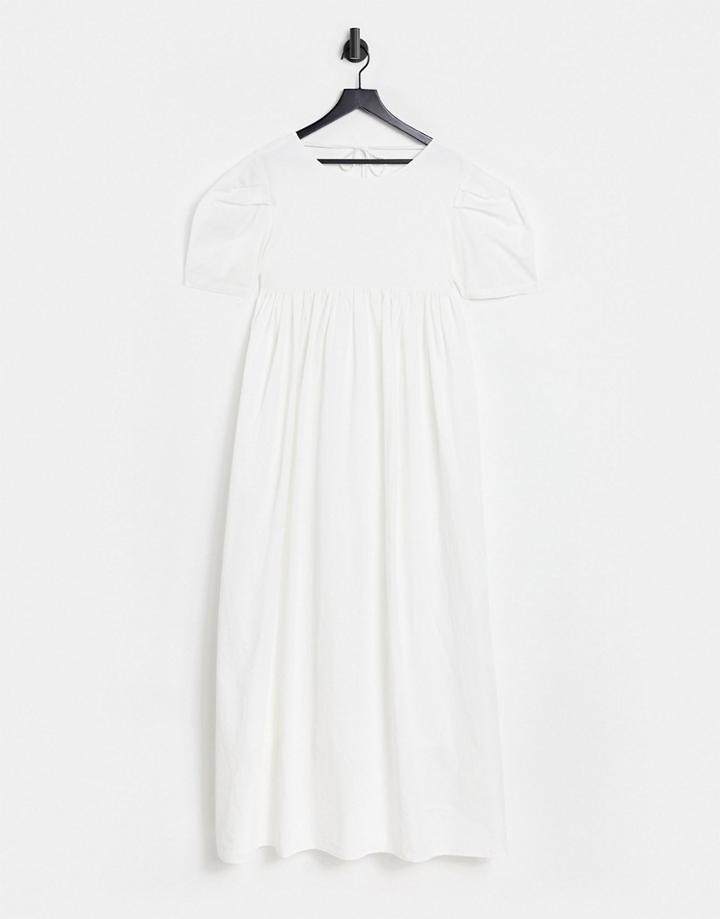 Ghospell Maxi Smock Dress With Volume Sleeves And Tie Back Detail In White