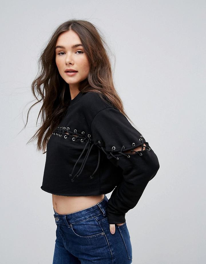Parisian Lace Up Detail Cropped Sweat - Black