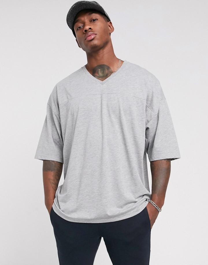 Asos Design Oversized T-shirt With V Neck And Seam Detail In Gray Marl