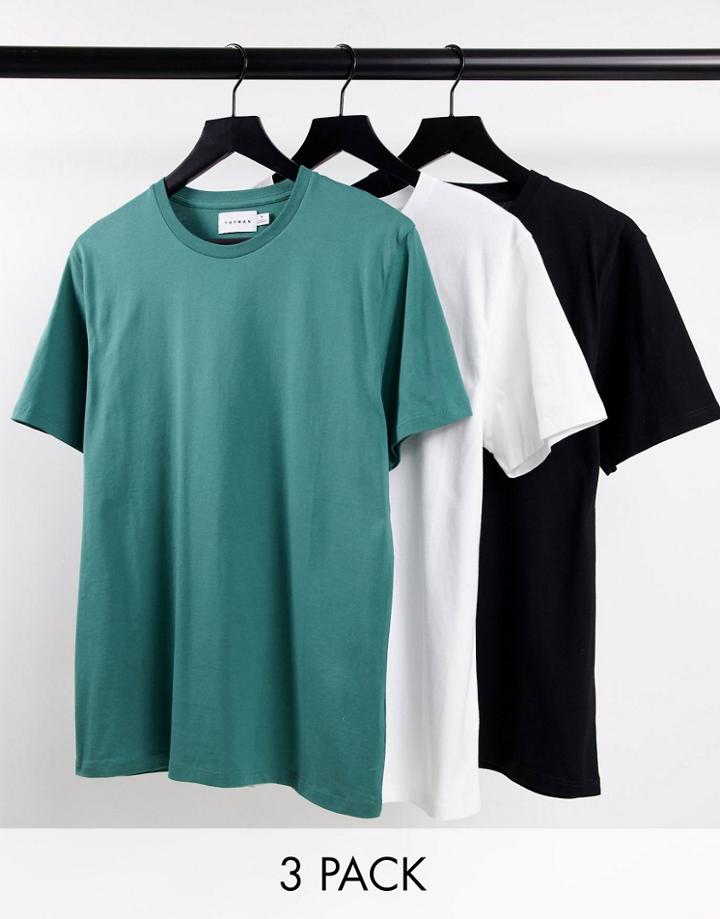 Topman 3 Pack Cotton Classic T-shirts In White, Black And Green - Multi