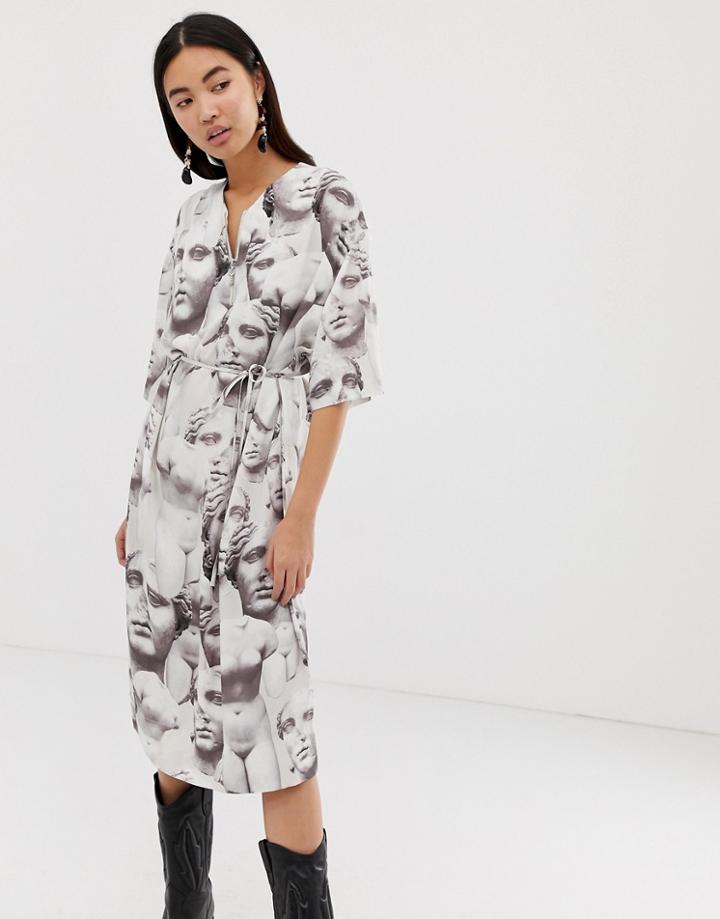 Weekday Zip Front Smock Dress With Roman Face Print In White - Multi