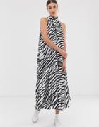 Ghospell Oversized Sleeveless Volume Maxi Dress In Zebra Print - White