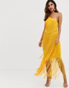 Asos Design All Over Drape Fringe One Shoulder Maxi Dress-yellow