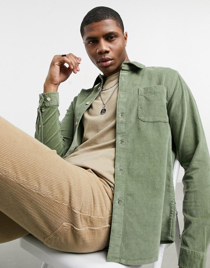 Asos Design Slim Fit Cord Shirt In Khaki-green