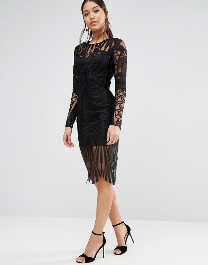 Asos Lace Placed Long Sleeve Midi Dress - Black