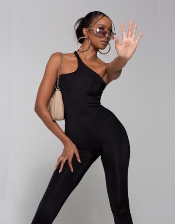 Wmnswear One Shoulder Lace-up Back Jumpsuit In Black