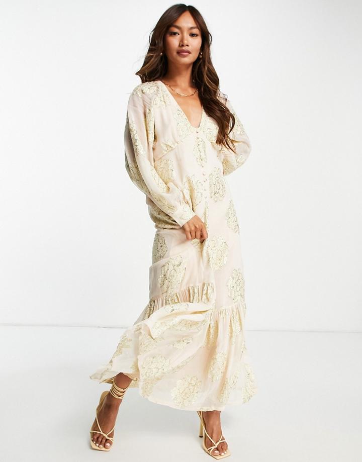 Asos Design Button Front Maxi Tea Dress In Metallic Floral Print-multi