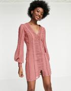 Asos Design Blouson Sleeve Mini Dress With Lace And Button Detail In Blush-pink