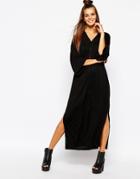 Monki Button Front Midi Dress With Side Split - Black