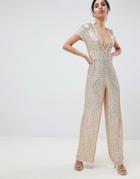 Asos Design Embellished Plunge Jumpsuit With Wide Leg - Gold