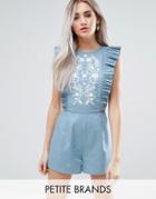 Fashion Union Petite Ruffle Detail Romper With Embroidery - Blue