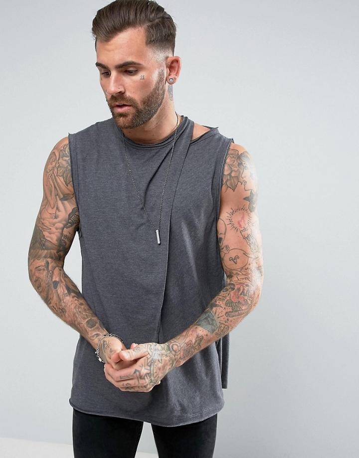 Asos Oversized Tank With Drape Crossover Front And Exposed Shoulder Detail - Gray