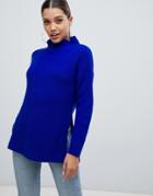 Prettylittlething High Neck Sweater With Side Split In Bright Blue - Blue