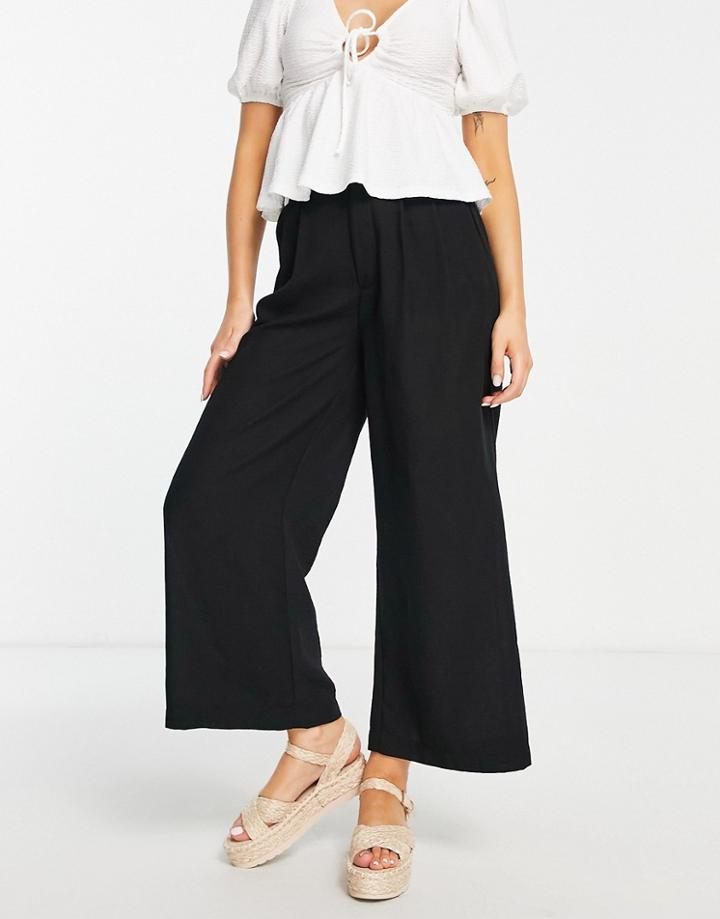 Stradivarius Cropped Linen Wide Leg Pants In Black